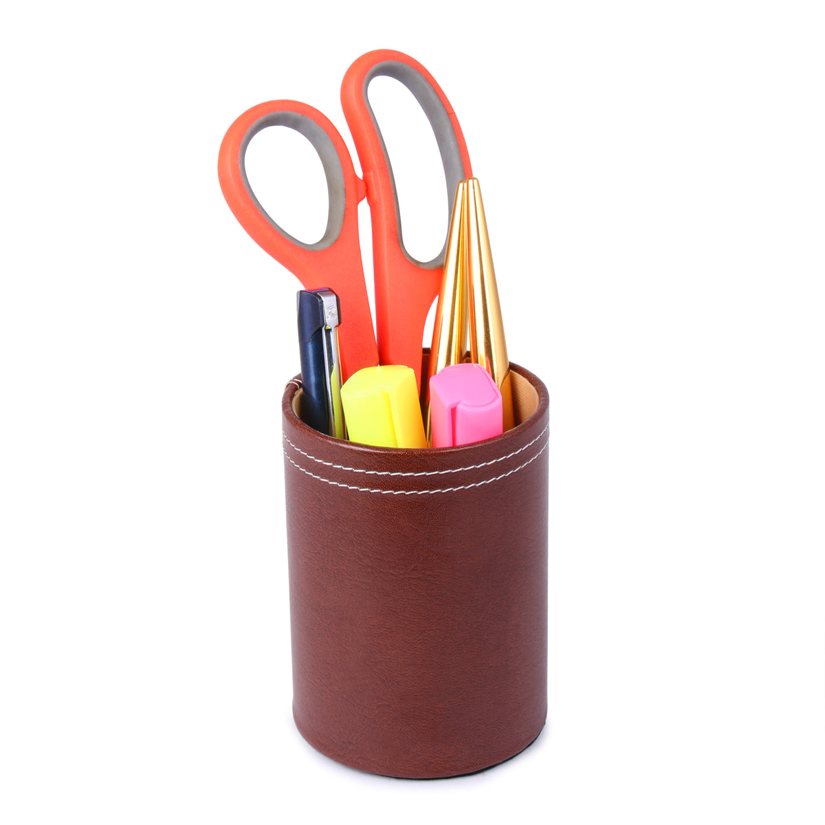 Rasper Brown Leather Pen Holder For Office Table Stylish Round Pen Pen