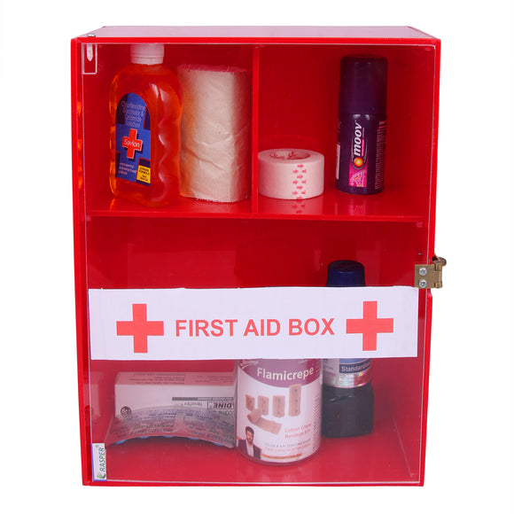 Rasper Acrylic First Aid Box Emergency Medical Box First Aid Kit Box for Home School & Office Wall Mountable Multi Compartment Heavy Acrylic First Aid Box (Red & Transparent) - 12x9x4.5 Inches