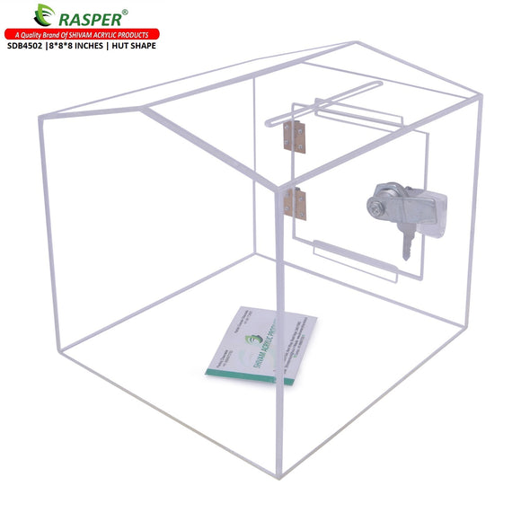 Rasper Transparent Acrylic Donation Box, Daan Patra, Drop Box, Ballot Box (Standard Size 8x8x8 Inches, Hut Shape) Premium Quality with Lock Facility