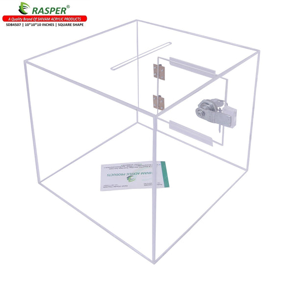 Rasper Transparent Acrylic Donation Box, Daan Patra, Drop Box, Ballot Box (Big Size 10x10x10 Inches, Square Shape) Premium Quality with Lock Facility