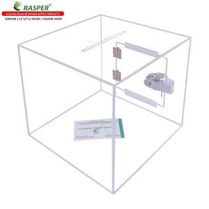 Rasper Transparent Acrylic Donation Box Daan Patra Ballot Drop Box (Extra Big Size 12x12x12 Inches, Square Shape) Premium Quality with Lock Facility