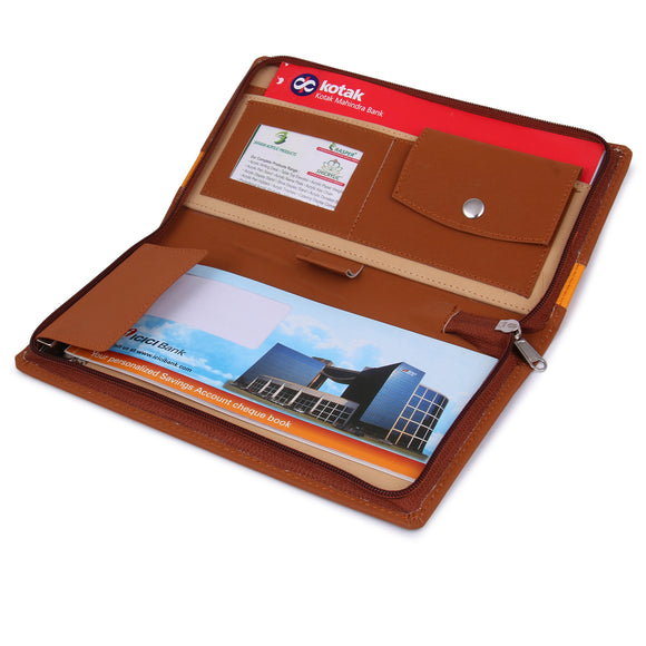 Rasper Brown Genuine Leather Cheque Book Holder with Multiple Document Holder Cheque Book Cover with ATM Card Holder for Office Bank Use (10x5 Inches)