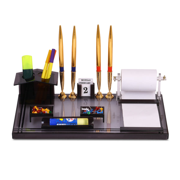 Rasper Acrylic Pen Stand For Study Table Multipurpose Desk Organizer For Office Table Desk Accessories Pen Stand Office Stationery Organizer With 4 Pen Holder & Visiting Card Holder (14x7.5 Inches)