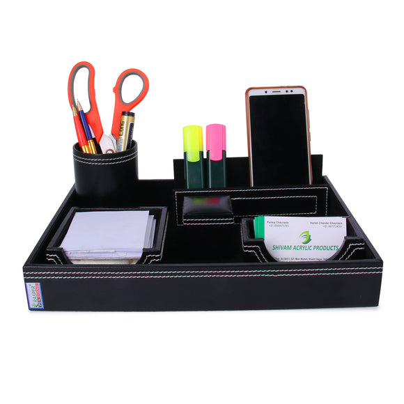 Rasper Leather Multipurpose 6-in-1 Desk Organizer Set Pen Stand Holder with Mobile Holder Remote Stand for Office Desk Table Storage Organizer (Black)