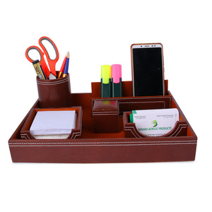 Rasper Leather Multipurpose 6-in-1 Desk Organizer Set Pen Stand Holder with Mobile Holder Remote Stand for Office Desk Table Storage Organizer (Tan)