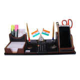Rasper Black Leather Multipurpose Desk Organizer Pen Stand Holder With Calculator Watch Flag For Office Table Top With Mobile Holder (17.25x6 Inches)