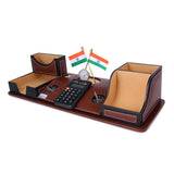 Rasper Brown Leather Multipurpose Desk Organizer Pen Stand Holder With Calculator Watch Flag For Office Table Top With Mobile Holder (17.25x6 Inches)