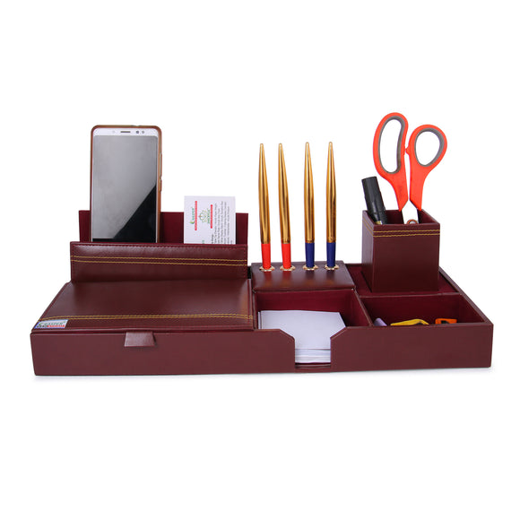 Rasper Brown Genuine Leather Multipurpose Desk Organizer Stylish Pen Stand with Mobile Cum Remote Stand with Memo Pad Holder Office Table Organizer Desktop Stationery Supplies Organizer (16x7 Inches)