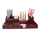 Rasper Brown Genuine Leather Multipurpose Desk Organizer Stylish Pen Stand with Mobile Cum Remote Stand with Memo Pad Holder Office Table Organizer Desktop Stationery Supplies Organizer (16x7 Inches)