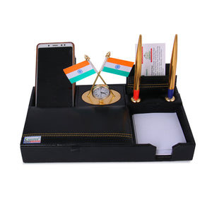 Rasper Black Genuine Leather Multipurpose Pen Stand Cum Mobile Holder With National Flag Desk Organizer With Watch Memo Pad Holder Stylish Stationery Accessories Holder For Office Table (11.5x6.5)Inch