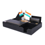Rasper Black Genuine Leather Multipurpose Pen Stand Cum Mobile Holder With National Flag Desk Organizer With Watch Memo Pad Holder Stylish Stationery Accessories Holder For Office Table (11.5x6.5)Inch