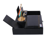 Rasper Black Genuine Leather Multipurpose Pen Stand Cum Mobile Holder With National Flag Desk Organizer With Watch Memo Pad Holder Stylish Stationery Accessories Holder For Office Table (11.5x6.5)Inch