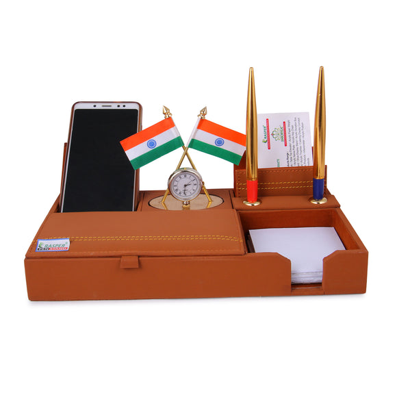 Rasper Brown Genuine Leather Multipurpose Desk Organizer Stylish Pen Stand With Mobile Holder National Flag Watch Memo Pad Accessories Holder Desk Stationery Organizer Table Top (11.5x6.5 Inches)