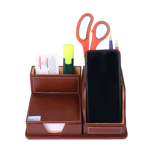 Rasper Brown Genuine Leather Multipurpose Desk Organizer With Memo Pad Holder & Mobile Stand For Office Desk Table Top Stand With Card Holder Pen Stand Stationery Accessories Organizer (9x6 Inches)