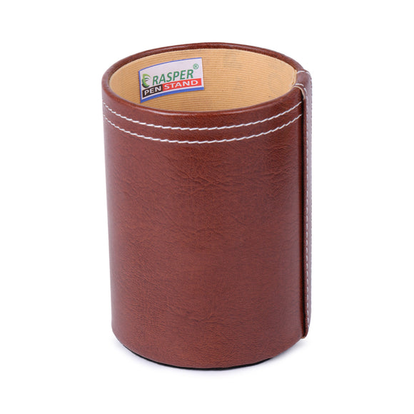 Rasper Brown Leather Pen Holder For Office Table Stylish Round Pen Pencil Holder Desk Organizer Multipurpose Pen Stand Holder (3x3x4 Inches)