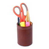 Rasper Brown Leather Pen Holder For Office Table Stylish Round Pen Pencil Holder Desk Organizer Multipurpose Pen Stand Holder (3x3x4 Inches)