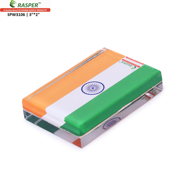 Rasper Tricolor Indian Flag Acrylic Paper Weight Multicolor Paper Weight For Gifting Paperweight For Office Table (3x2 Inches, 7.5x5 Cms)
